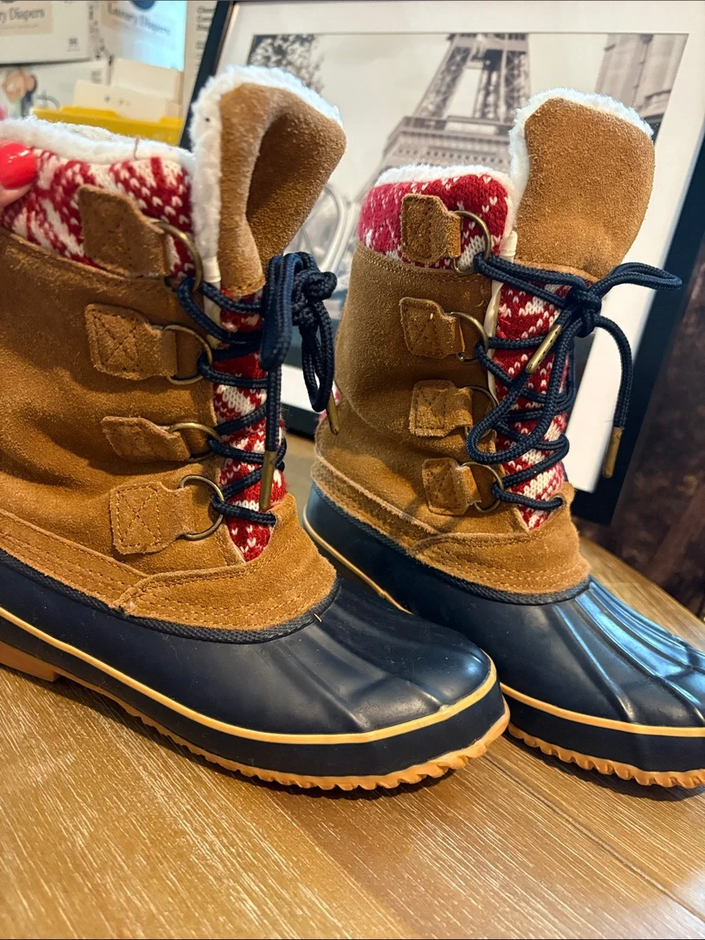 Khombu Tan and Navy Waterproof Winter Duck Boots with Red Knit Collar